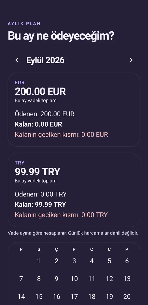 Aylık plan ekranı