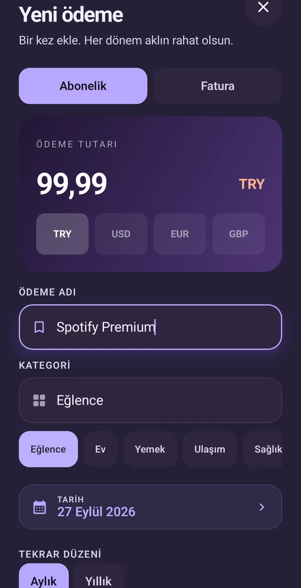 Yeni ödeme ekleme ekranı, koyu tema